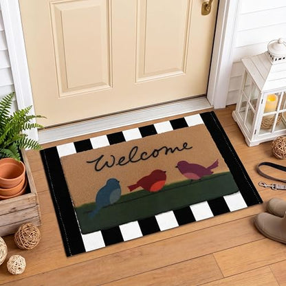 Arttown Welcome Front Coir Rug Door Mats Combo Set 17"x30"+24"x36" Birds Stripes - color: Colorful Birds