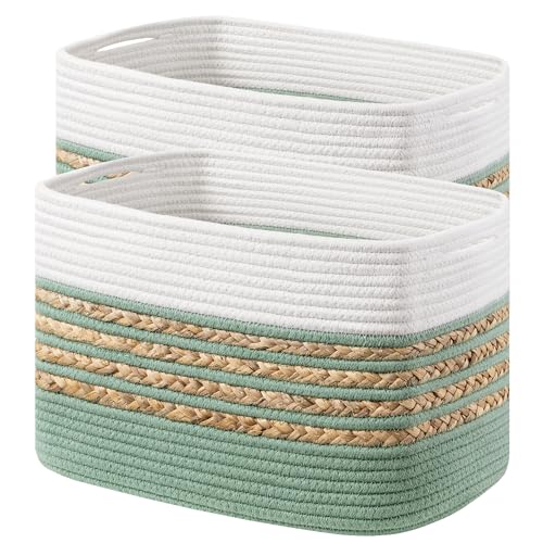 UBBCARE 2 Pack Baskets for Organizing, Woven Storage Baskets for Toys and Towel, Rectangle Cotton Rope Basket with Handles, 14''L x 8''W x9''H, Green - color: Green, size: 2 Pack - 14 X 8 X 9 Inches