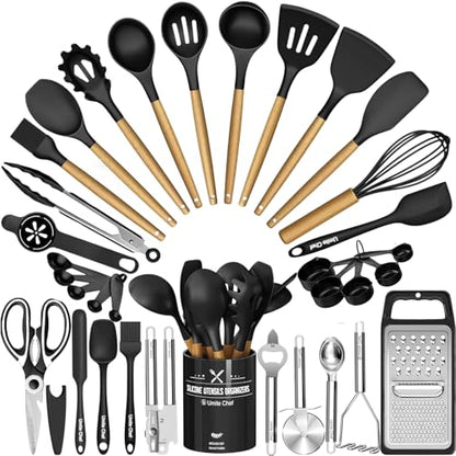 Kitchen Utensils Set- 34PCS Silicone Cooking Utensil with Holder, Umite Chef Heat Resistant Kitchen Spatula Set for Nonstick Cookware, Black Wooden Handles Kitchen Gadgets Tools Set - color: Black