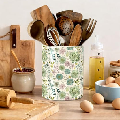 Succulent Floral Kitchen Utensil Holder, Summer Ceramic Utensil Holder , Cooking Utensil Crocks for Kitchen Countertop, Kitchen Decorations Rustic Farmhouse Decor