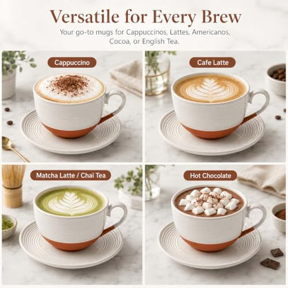 12 Oz Cappuccino Cups with Saucers, Coffee Cups Set of 4, Ceramic Tea Cup and Saucers, Wide Mouth Coffee Mugs for Latte Art, Cappuccino, Espresso & Cafe Drinks, Microwave Dishwasher Safe - color: C - 12oz