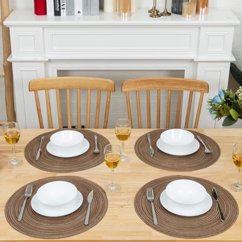 Winknowl Round Braided Placemats Set of 4 Washable Woven Heat Resistant Table Mats for Kitchen Dining Tables 15 inch Round Place Mats (Brown,4) - color: Brown, size: 4pcs
