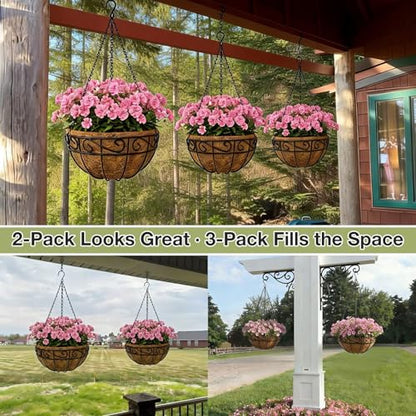 12 Inch Hanging Baskets for Plants Outdoor, 2 Pack Metal Wire Hanging Planters with Coco Coir Liners, Rust-Resistant Flower Basket with Chains & Hooks for Garden Patio Porch Deck Balcony - size: 12IN-2PCS