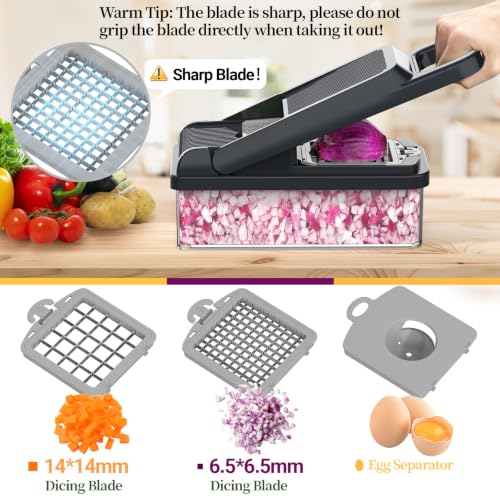 12-in-1 Vegetable Chopper 7 Blades, Veggie Cutter with Handle, Grey | Stainless Steel Blades, Food Container and Lid, Dicer, Slicer, Julienne, Egg Separator, Non-slip Base, Include Cleaning Tools - color: Gray, size: 7 blades