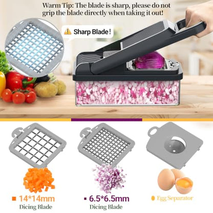 12-in-1 Vegetable Chopper 7 Blades, Veggie Cutter with Handle, Grey | Stainless Steel Blades, Food Container and Lid, Dicer, Slicer, Julienne, Egg Separator, Non-slip Base, Include Cleaning Tools - color: Gray, size: 7 blades