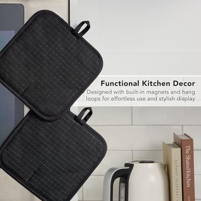 KITCHENAID Gourmet Series Gridlines Pot Holders 2-Pack Set, Heat Resistant up to 600°F, Soft Silicone Grip, Magnetic Cuff, Matte Black, 8"x8" - color: Matte Black