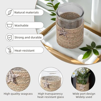 Rustic Seagrass Glass Vase, Rattan Flower Vase, Boho Vases for Decor, Wicker Dining Table Vases, Rattan Woven Tea Light Candle Holder Decor, Decorations for Farmhouse/Living Room/Bedroom (Seagrass)