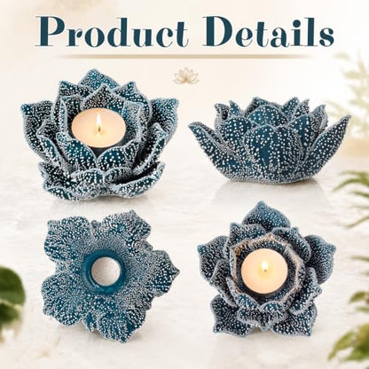 Mumufy 2 Pcs 4.7 Inch Lotus Candle Holders Blue Ceramic Flower Tealight Holder Ceramic Lotus Flower Holders for Home Decor Meditation Yoga Room Bathroom Table Centerpiece Decorative
