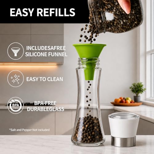 Premium Salt and Pepper Grinder Set of 2, 6 oz Refillable Glass Salt and Pepper Shakers with Adjustable Ceramic Grinder, Manual Pepper Mill Set Includes Funnel & Cleaning Brush, Transparent Lid - color: White, size: 2.5"W x 7.5"H