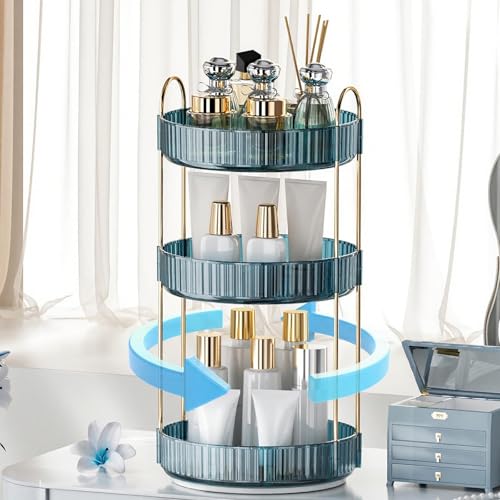 INVSSENE 360° Rotating Makeup Organizer, Bathroom Organizers and Storage Holder Rack, Large Capacity Vanity Shelf Countertop, Fits Cosmetics, Perfume, Skin Care(Blue, 3 Tiers) - color: Blue, size: 3 Tiers