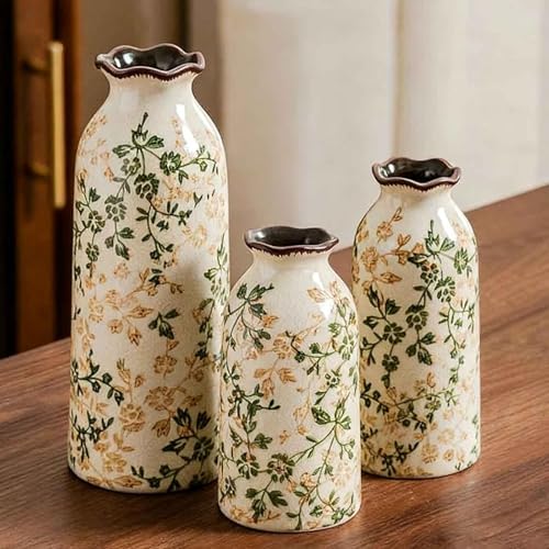 Ceramic Vase Set of 3, Vintage Green and Beige Vases Set for Home Decor, Chinoiserie Floral Decorative Vase for Living Room, Bookshelf, Office (5.9"+7.9"+9.8") - size: 3 pack