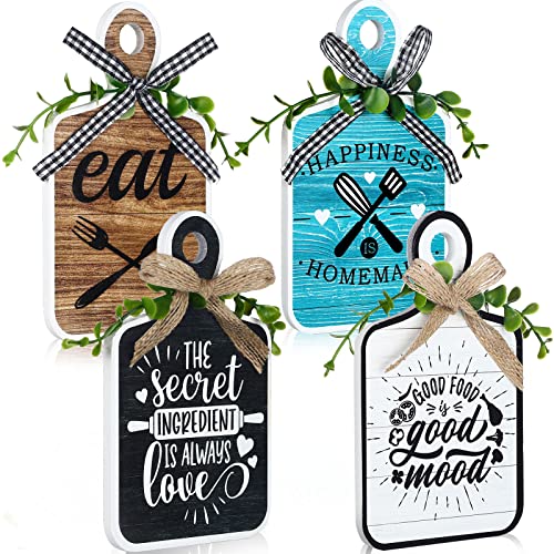 4 Pcs Wooden Kitchen Sign Rustic Kitchen Wall Decor | 3.5 x 5.9 Inch, Farmhouse Cutting Board Eat Sign Decor, Wood Wall Art Hanging Plaques for Home Dining Living Room Cafe