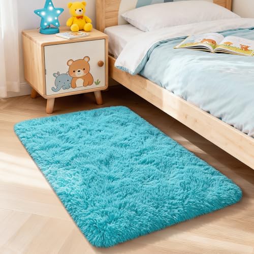 Modern Soft Fluffy Small Shaggy Rug for Bedroom Livingroom Dorm Kids Room Indoor Home Decorative, Non-Slip Plush Furry Fur Area Rugs Comfy Nursery Accent Floor Carpet 2x3 Feet, Teal - color: Teal, size: 2' x 3' (Rectangular)