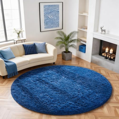 Ophanie Round Rug 6Ft Blue Circle Area Rug, Boys Room Decor, Fluffy Fuzzy Bedroom Carpet, Plush Soft Shaggy Living Room Rugs for Kids Home Aesthetic, Nursery with Over 99 pcs Pile fibers - color: 6- Blue, size: 6' (Round)