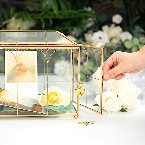 Glass Wedding Card Box with Lock, 12.6x5.9x9 inches Large Gold Card Boxes for Wedding Reception, Graduation, Keepsake Display, Party Centerpiece Gift Box - size: 12.6 x 5.9 x 9 Inches with Arch