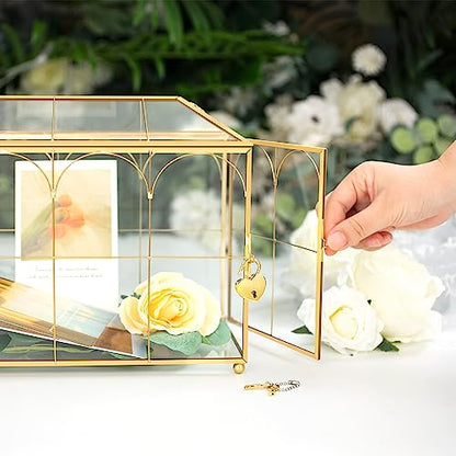 Glass Wedding Card Box with Lock, 12.6x5.9x9 inches Large Gold Card Boxes for Wedding Reception, Graduation, Keepsake Display, Party Centerpiece Gift Box - size: 12.6 x 5.9 x 9 Inches with Arch