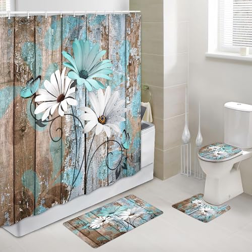 JAWO 4 Piece Teal Daisy Flower on Rustic Wooden Plank Country Style Shower Curtain Sets with Non-Slip Rugs, Toilet Lid Cover and Bath Mat, Shower Curtain with 12 Hooks - color: Teal-01, size: 5'10" x 5'10" (Rectangular)