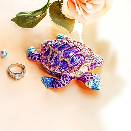 YU FENG 4.3 Inch Purple Sea Turtle Trinket Box, Crystal Jewelry Box | Hand-Painted Enamel Finish, Sparkling Crystal Shell, Hinged Ring Holder, Ocean Animal Collectible, Gift for Women - color: purple