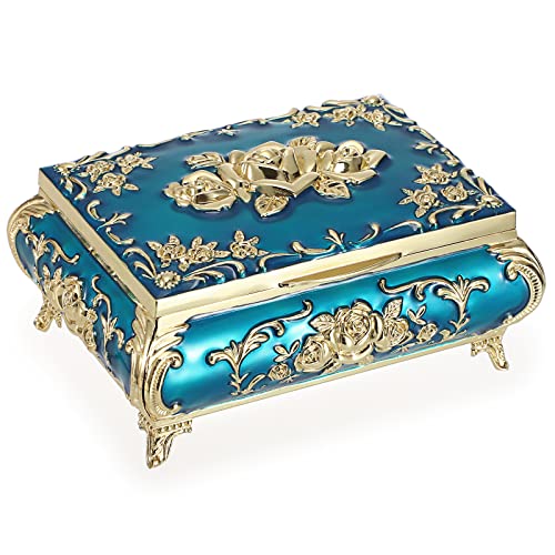 Hipiwe Metal Decorative Jewelry Box Vintage Treasure Chest Case for Women | Ornate Trinket Organizer Earrings Necklace Bracelet Storage Box Ring Holder Keepsake Box, Blue with Gold Rose - color: Blue, size: Medium