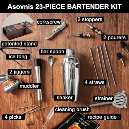 23-Piece Cocktail Shaker Set with Stand, 304 SS, Bartender Kit Gift | Complete Home Bar Set: Leak-proof Shaker, Jigger, Muddler, 18/8 Steel, Gift for beginners, cocktail lovers & house parties - color: Chocolate