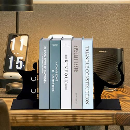Book Ends Decorative,ENCIMART Book Ends,Metal Bookends,Book Holders for Shelves,Office Decorative Bookends,1.5mm Thickened Book Ends,Bedroom Library Office School Book Desktop Organizer Gift（Cat） | 1.5mm Metal Bookends for Heavy Books, Book Stoppers Desk