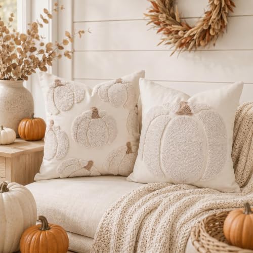 Fall Tufted Pumpkin Pillow Covers Set of 2 18x18, Farmhouse Beige - color: Beige, size: 18" x 18" (Pack of 2)