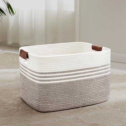 60L Woven Laundry Basket Hamper with Leather Handles,Dark Brown | collapsible wicker hamper, storage for dirty clothes, toys, blankets, gifts, living room, bedroom, bathroom, 21"x15"x11" - color: Dark Brown, size: 60L