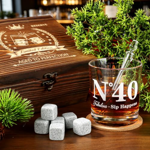 40th Birthday Gifts for Men, Vintage Whiskey Glass Set with Granite Stones | 40th Birthday Party Supplies Gifts for Him, Dad, Husband, "N°40 Fabulous Sip Happens" Scotch Glass, Pipette, Tongs&Wooden Box - style: 40th Mens Gifts