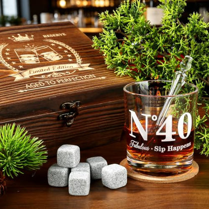 40th Birthday Gifts for Men, Vintage Whiskey Glass Set with Granite Stones | 40th Birthday Party Supplies Gifts for Him, Dad, Husband, "N°40 Fabulous Sip Happens" Scotch Glass, Pipette, Tongs&Wooden Box - style: 40th Mens Gifts