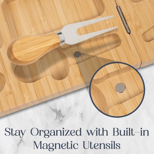 Large Bamboo Charcuterie Board with Magnetic Knife Set | Wooden Cheese Platter, Foldable, House Warming Gifts, New Home, Wedding Gifts - color: Classic
