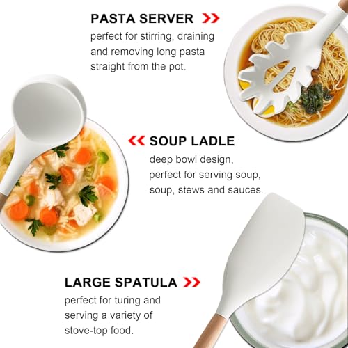 Kitchen Cooking Utensils Set 6Pcs Non-Stick Silicone Kitchen Utensils Spatula Spoon Turner Ladle Pasta Server, Heat Resistant Wooden Handle Silicone Cooking Gadgets Sets for Cookware & Baking - color: White, size: Standard 6-Piece Set