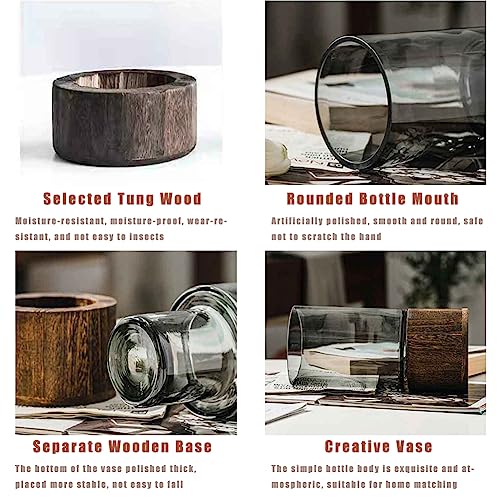 Artistic Wood Glass Vase, 10" H, Wooden Base Cylindrical Flower Vase, Classic Boho Rustic Style for Fireplace Bedroom Kitchen Living Room Centerpieces Office Desk