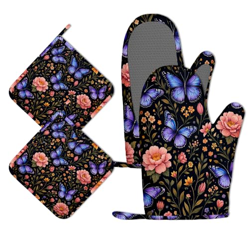Oven Mitts and Pot Holders Vintage Butterfly Floral Silicone Kitchen Accessories Set of 4 Heat Resistant Gloves Potholder Non-Slip Grip for Chef Cooking Baking Grilling BBQ - color: Vintage Butterfly Floral