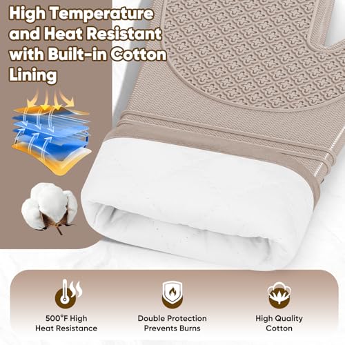 Silicone Oven Mitts, Heat Resistant Oven Gloves with Quilted Liner, Waterproof & Non-Slip Kitchen Mittens for Baking Cooking BBQ, 500°F, 12.5"-Milkshake Beige - color: Milkshake Beige