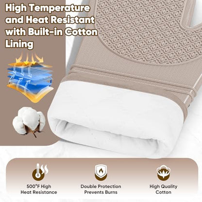 Silicone Oven Mitts, Heat Resistant Oven Gloves with Quilted Liner, Waterproof & Non-Slip Kitchen Mittens for Baking Cooking BBQ, 500°F, 12.5"-Milkshake Beige - color: Milkshake Beige