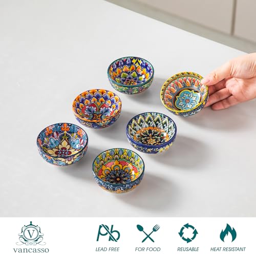 vancasso SIMI 2.7 Oz Ceramic Dipping Bowls Set of 6, Bohemian Sauce Bowls | For Soy Sauce, Sushi, Dips, and Condiments, Microwave and Dishwasher Safe, 3 Inch Mini Dishes, Bohemian Design