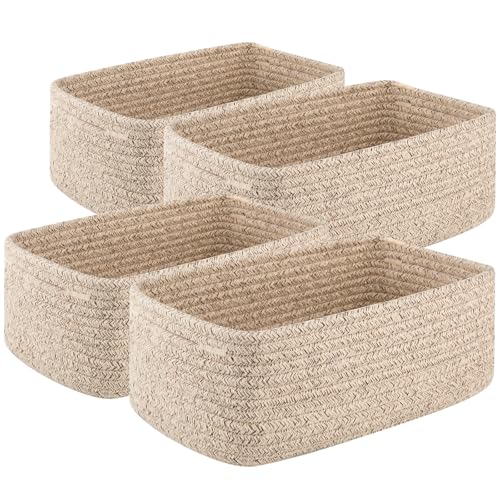 OIASKET 4 Pack Small Storage Shelf Baskets for Organizing, Mini Woven Rope Storage Bins for Towels, Cute Decorative Closet Organizer，Baby Nursery, Gift Empty Baskets -13.78''Lx9.84''Wx5.51''H-Brown - color: Brown, size: 13.78"Lx9.84"Wx5.51"H