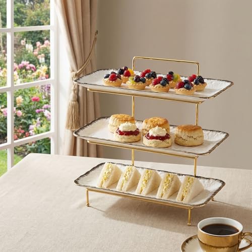 Three-Tier Ceramic Plate Rack - Foldable Gold Plate Rack with Three Large 14-inch White Plates for displaying Food, Fruit, Desserts, and Entertaining Guests. - color: 3-tier 14 Inch Serving Rack