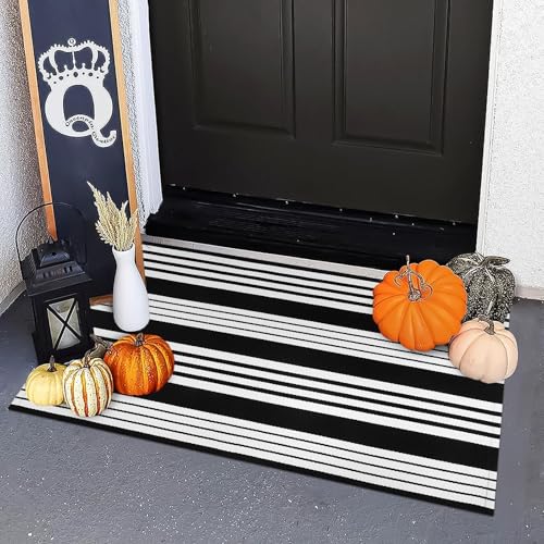 Fall Door Mat 24"x35" Black and White Outdoor Rugs Front Door Rug | Washable Porch Rug Cotton Woven Welcome Mats Outdoor Door Mat Outside Entrance Small Area Rug Layered Doormat for Porch Decor - color: Black/White Stripe, size: 2' x 3' (Rectangular)
