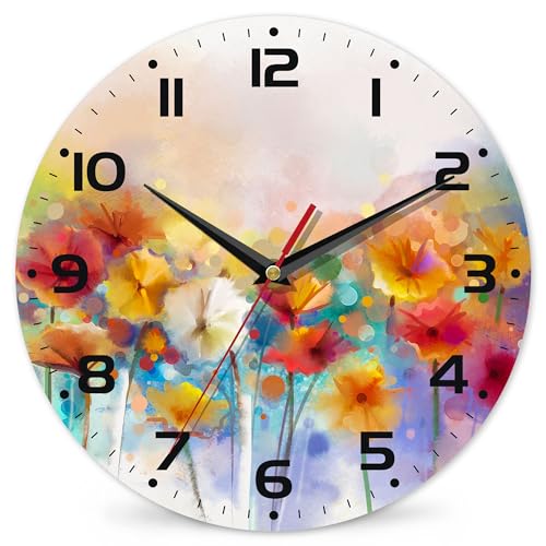 Clock for Living Room, Vintage Wild Floral Wall Clock Vintage Wooden Wall Clock Silent Non-Ticking Battery Operated Arabic Numerals Wall Clocks Decorative for Kitchen, Office, Classroom 10 Inch - color: Vintage Wild Floral
