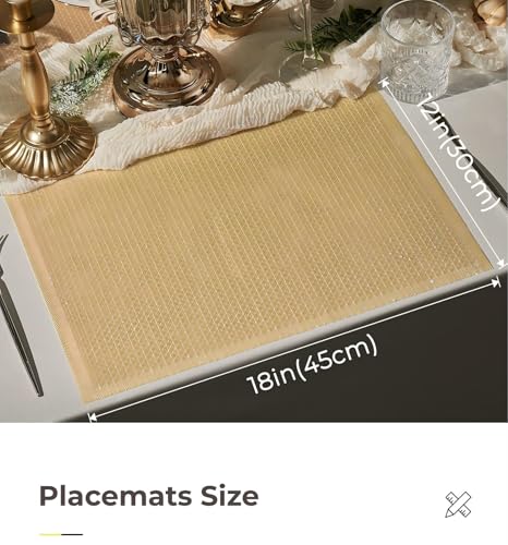 Leetaltree Woven Vinyl Placemats Set of 4, Gold Sequin | Waterproof & Washable Dining Table Mats for Wedding, Anniversary, Daily Use, Hand-Cut, Easy to Clean - color: 00- Gold Sequin, size: Set of 4