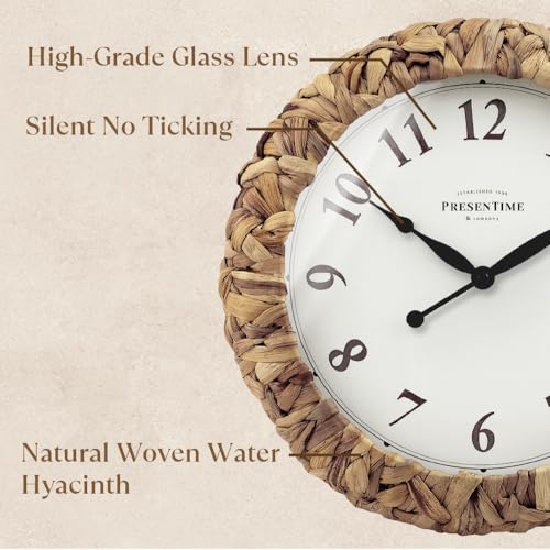 Farmhouse Series, Rustic Woven Clock | 14-Inch Natural Woven Water Hyacinth/Seagrass Wall Clock, Wall Art for Home & Farmhouse Décor - size: 14 inch