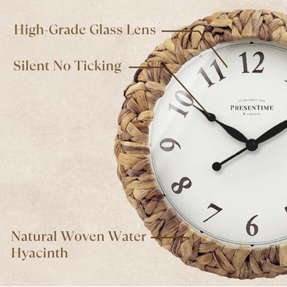 Farmhouse Series, Rustic Woven Clock | 14-Inch Natural Woven Water Hyacinth/Seagrass Wall Clock, Wall Art for Home & Farmhouse Décor - size: 14 inch