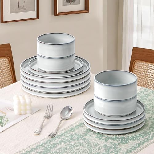 LIANYU 12 Piece Dinnerware Dishes Sets for 4, Stoneware Plates and Bowls | Ceramic Dishware Set for Pasta Dessert Cereal, Rustic Terracotta Bottom, Microwave & Dishwasher Safe, Lucent White - color: Lucent White