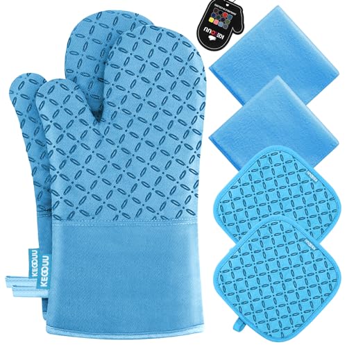KEGOUU Oven Mitts and Pot Holders 6pcs Set, Kitchen Oven Glove High Heat Resistant 500 Degree Extra Long Oven Mitts and Potholder with Non-Slip Silicone Surface for Cooking (Sky Blue) - color: Sky Blue