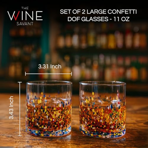 Large Confetti DOF Glasses – Set of 2-11oz Luxury Hand Blown Confetti Whiskey, Margarita, Martini, Cocktails, Water, Wine, Dessert & Champagne Glasses Cinco de Mayo, Hand Blown - Mexican Water Glass - style: Mexican Confetti Water Glass