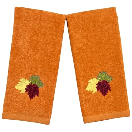 Fall Hand Bathroom Towels, Rust Burgundy Green Yellow Leaves | Set of 2, 16" x 25', Terracotta Rust Cotton Towels with Autumn Farmhouse Decor Embroidery, Perfect for Parties & Gifts - color: Leaves