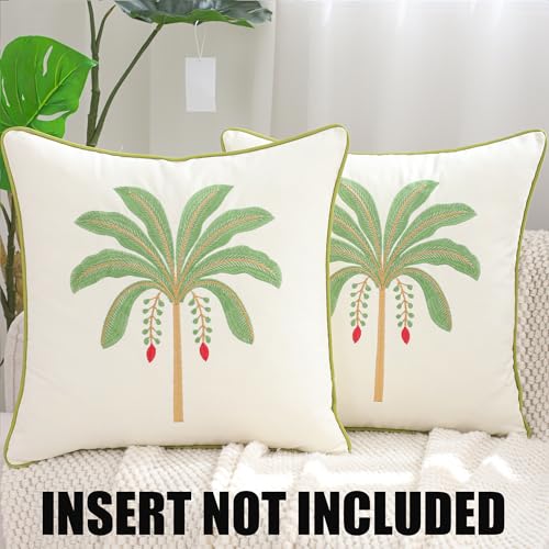 Embroidered Throw Pillow Covers 18x18 Pack of 2 Sage Green Palm Tree | Ocean-Themed,Durable Fabric,Square Pillow Cover,Boho Decorative,Hidden Zipper,Aesthetic Design,Ideal Gift,Machine Washable - color: Sage Green Palm Tree