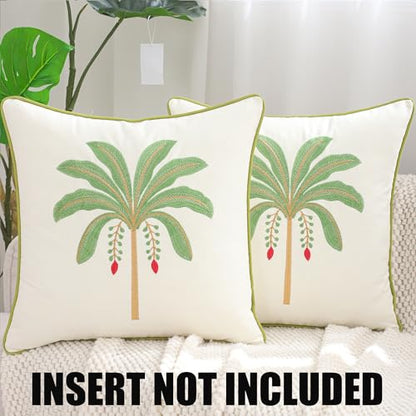 Embroidered Throw Pillow Covers 18x18 Pack of 2 Sage Green Palm Tree | Ocean-Themed,Durable Fabric,Square Pillow Cover,Boho Decorative,Hidden Zipper,Aesthetic Design,Ideal Gift,Machine Washable - color: Sage Green Palm Tree