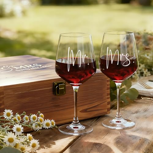 AW BRIDAL Mr and Mrs Wine Glasses, Bridal Shower Wedding Gifts for Couples | Engagement Gift for Newlyweds 2026, Bachelorette Gifts for Bride to Be, Wedding Glass with Opener Stopper Wooden Keepsake Box - style: Mr & Mrs
